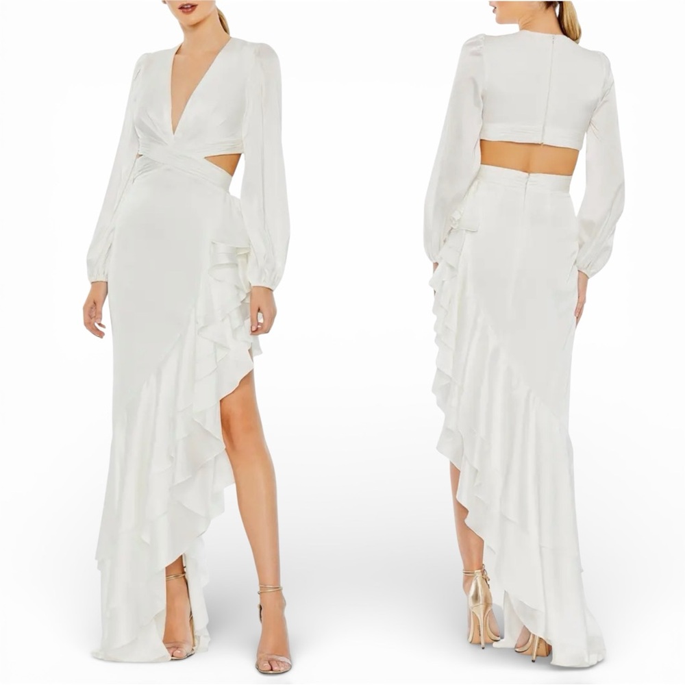NWT Mac Duggal White Long Sleeve Cut-Out Ruffle Asymmetrical Maxi Gown Dress